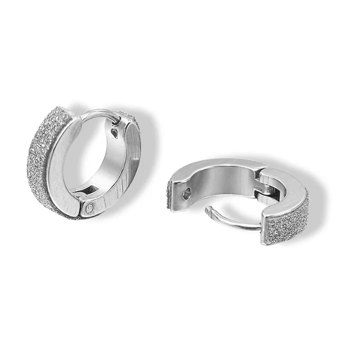 sparkling earrings for women -Sandblasted Huggie Hoop Stainless Steel Earrings - For Men or Women