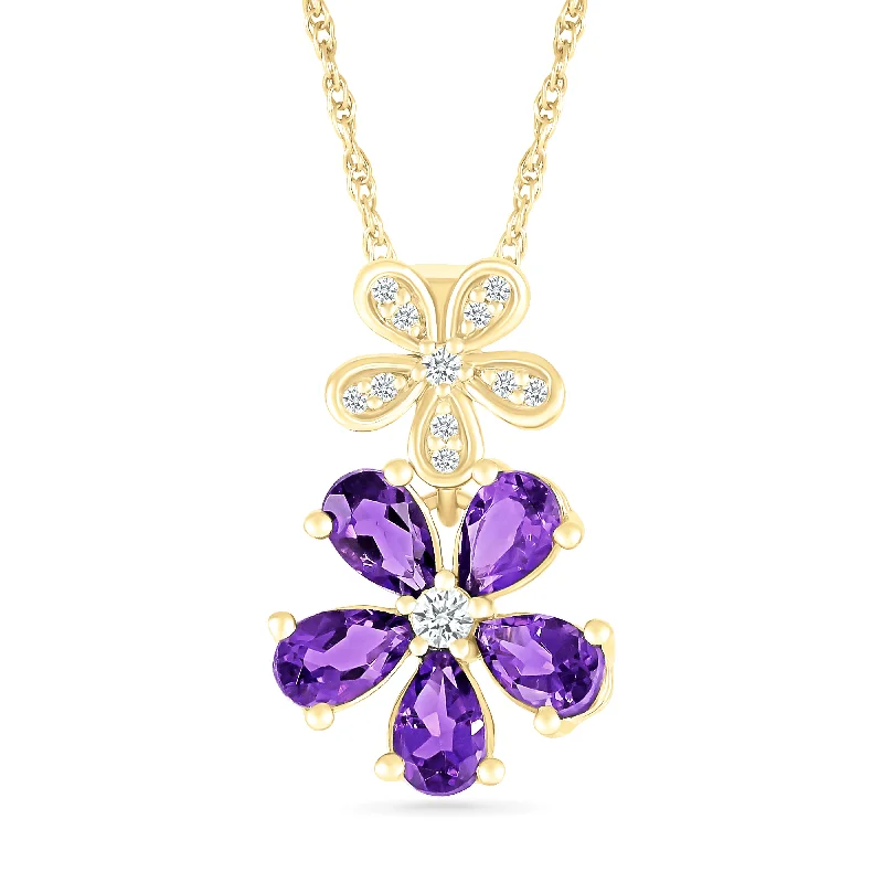 classic diamond necklaces for women -Double Flower Drop Pendant in Amethyst and White Sapphire