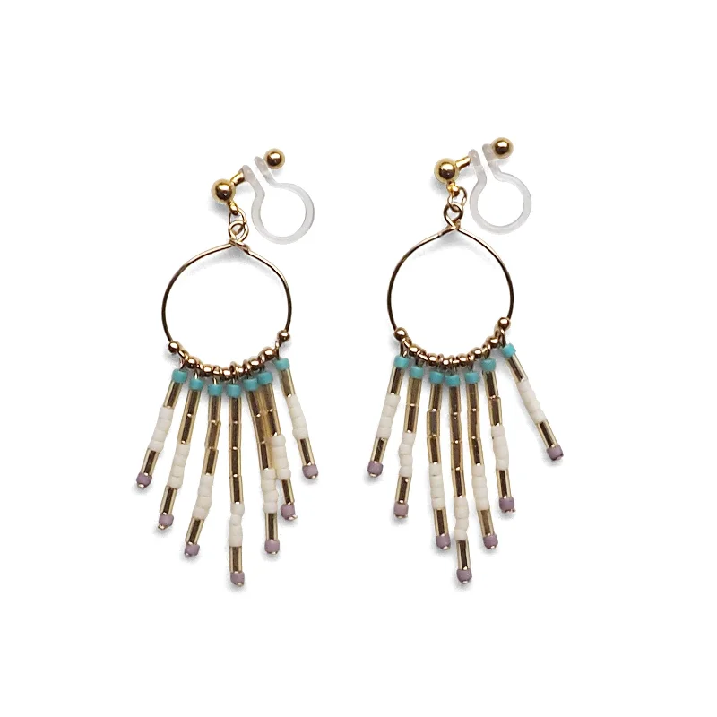 bold silver earrings for women -Hoop and beaded fringe invisible clip on earrings ( Gold tone )