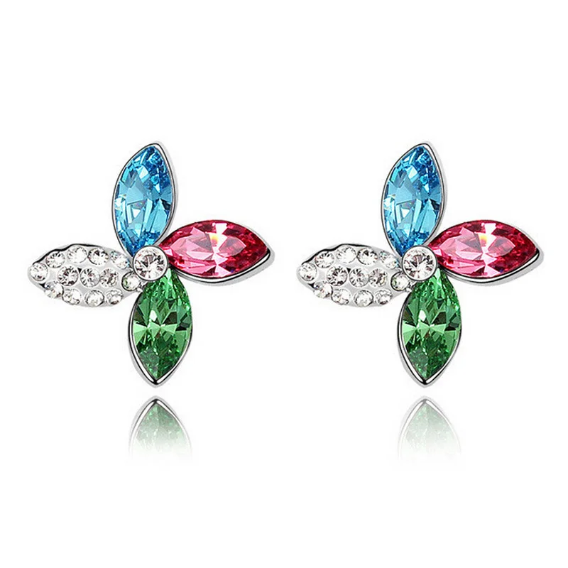 gold earrings with diamonds -Colorful Pinwheels 14K White Gold Plated Austrian Crystal Stud Earrings for Women