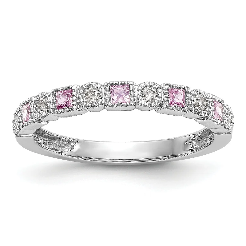 classic diamond necklaces for women -14k White Gold Round Diamond With Square Pink Sapphire Anniversary Band