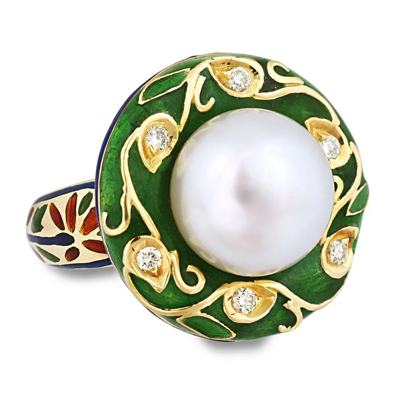 silver rings for women -Ring - South Sea Pearl and Diamond (Enamel)