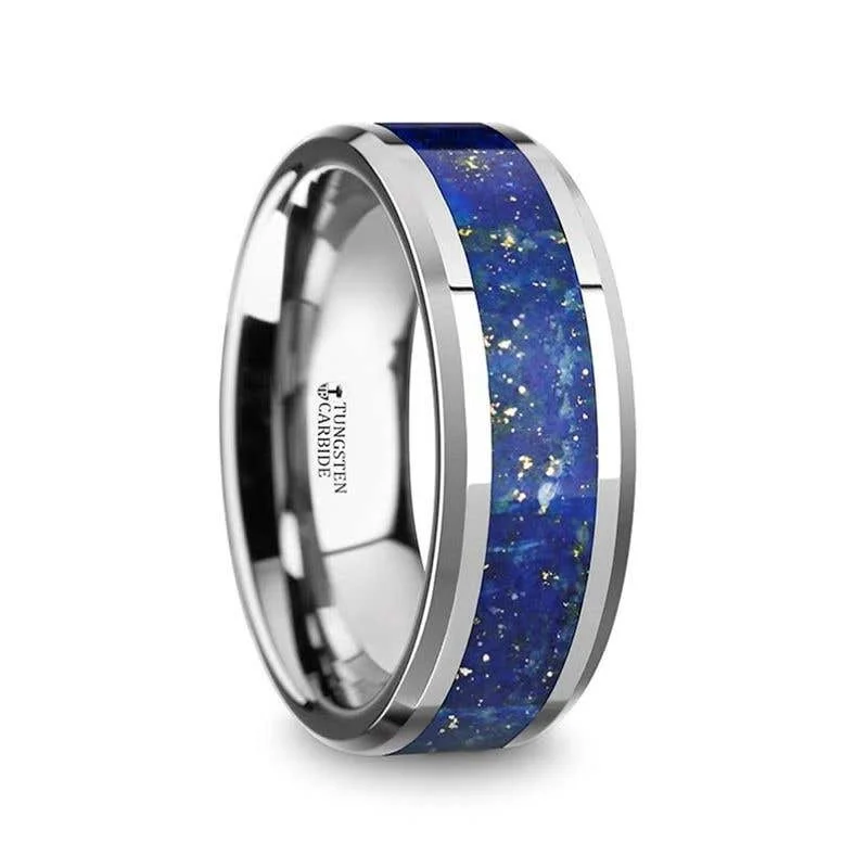 personalized crystal necklaces for women -Thorsten OSIAS Tungsten Wedding Band with Blue Lapis Inlay & Beveled Edges - 8mm