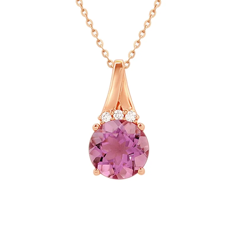 bridal pendant necklaces for women -Round Amethyst Pendant Necklace with Diamonds