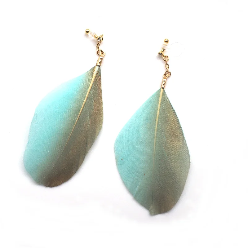 bohemian earrings for women -Gold painted green feather invisible clip on earrings