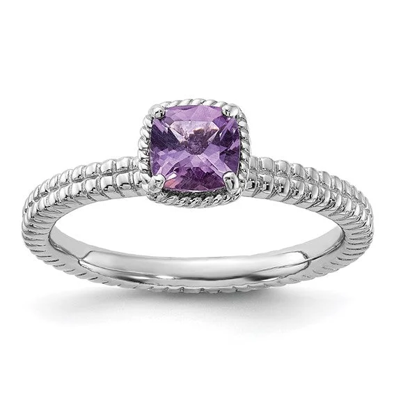 bridesmaid necklaces for women -Sterling Silver Stackable Expressions Amethyst Cushion Ring