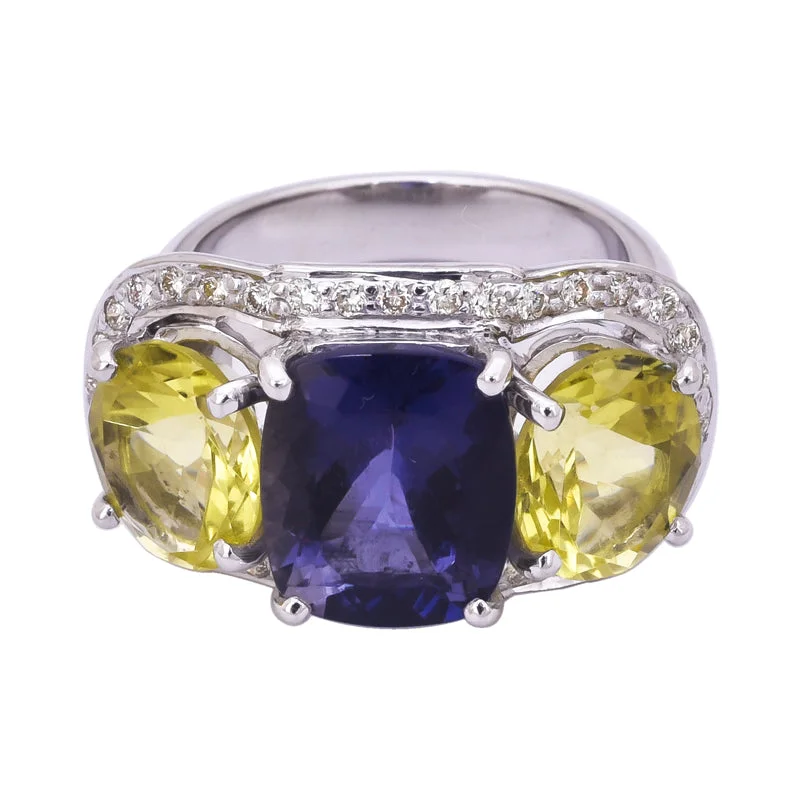 promise rings for women -Ring- Lemon Quartz, Iolite and Diamond