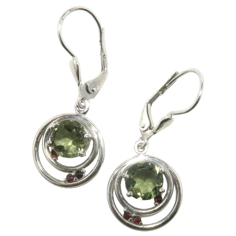 classic pearl earrings for women -Moldavite Earrings Orbit of Love Garnet Gems Sterling Silver