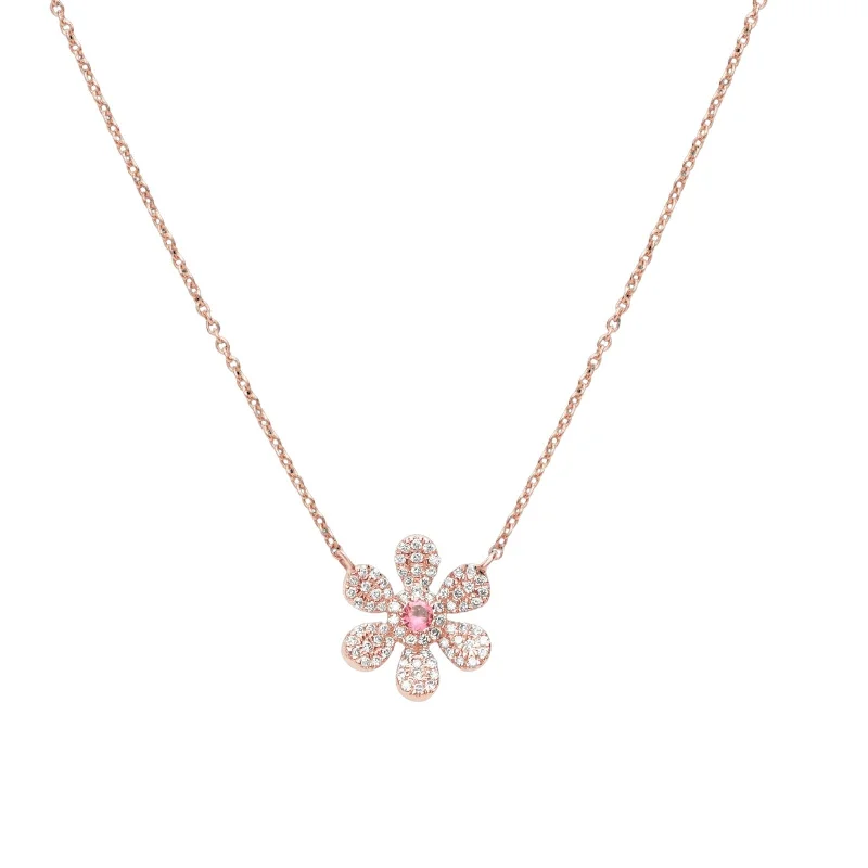 engraved gold necklaces for women -Pink Tourmaline and Diamond Pavé Flower Pendant Necklace