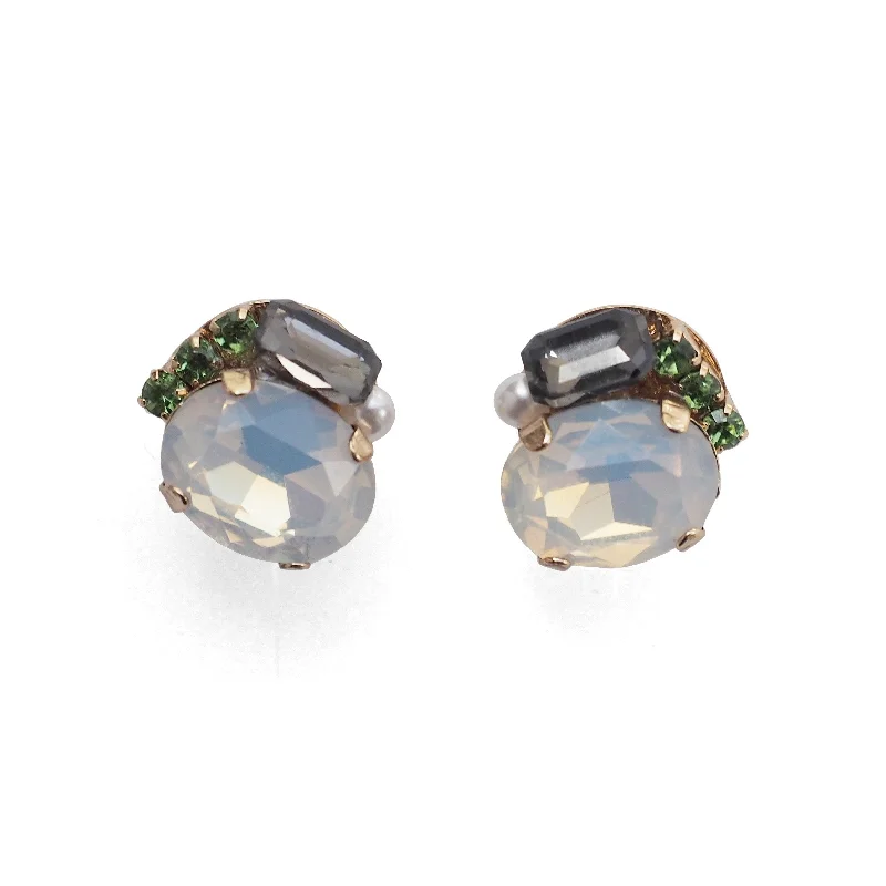 unique earrings for women -White and Black Rhinestone Invisible Clip On Stud Earrings ( Green )