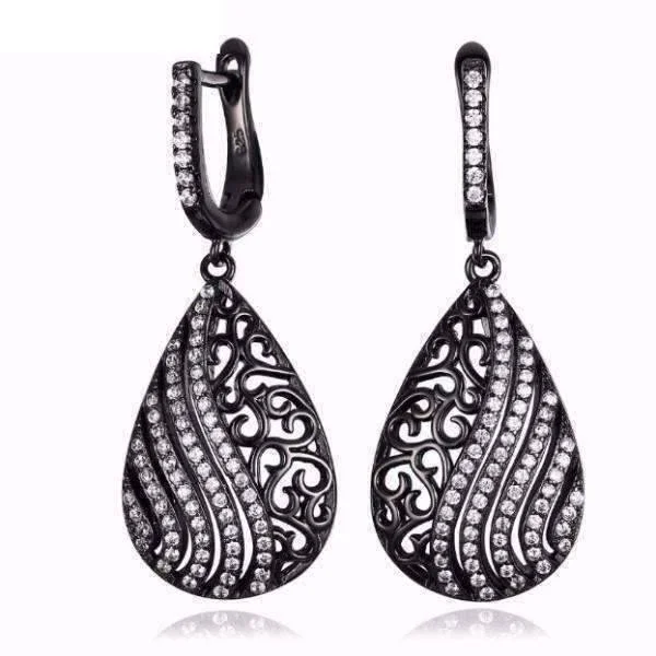 dazzling earrings for women -Ebony Swirl Black Gold Filigree and CZ Earrings