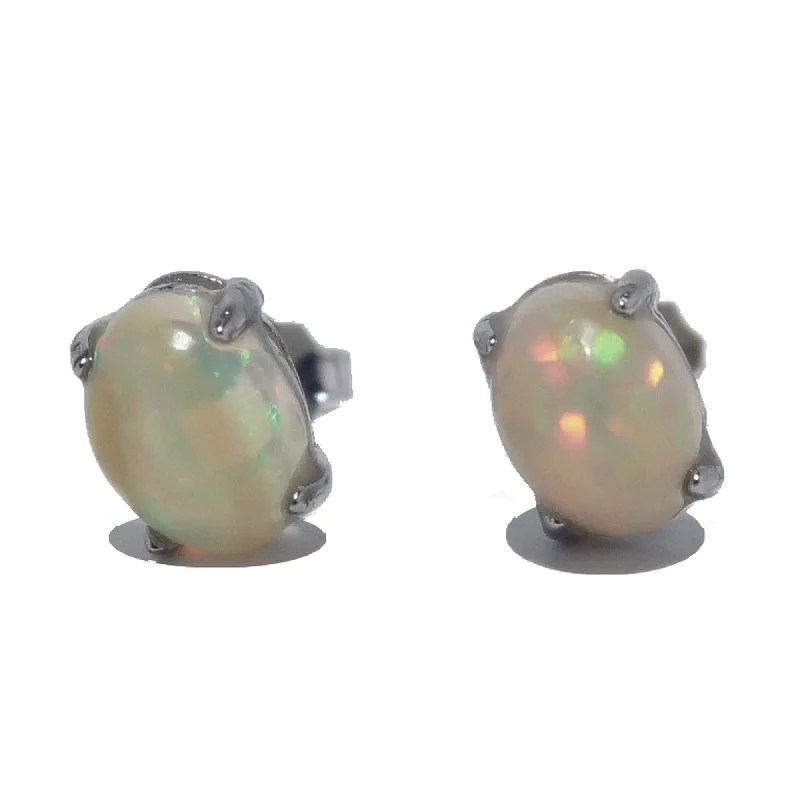 art deco earrings for women -Opal Earrings Rainbow Fire White Studs Sterling Silver