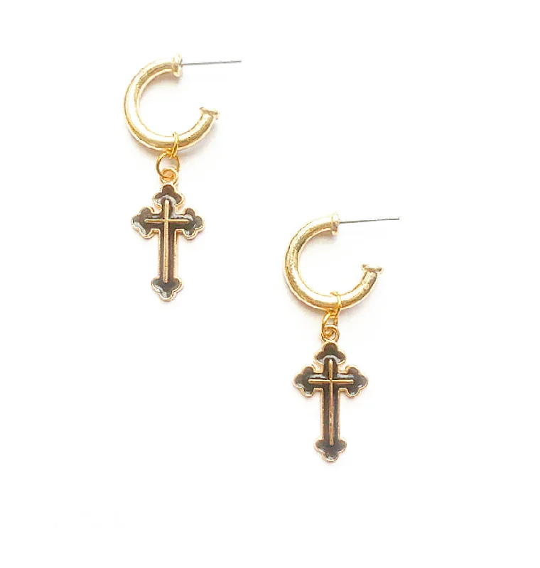 bohemian earrings for women -Cross Black & Gold Hoop Earrings