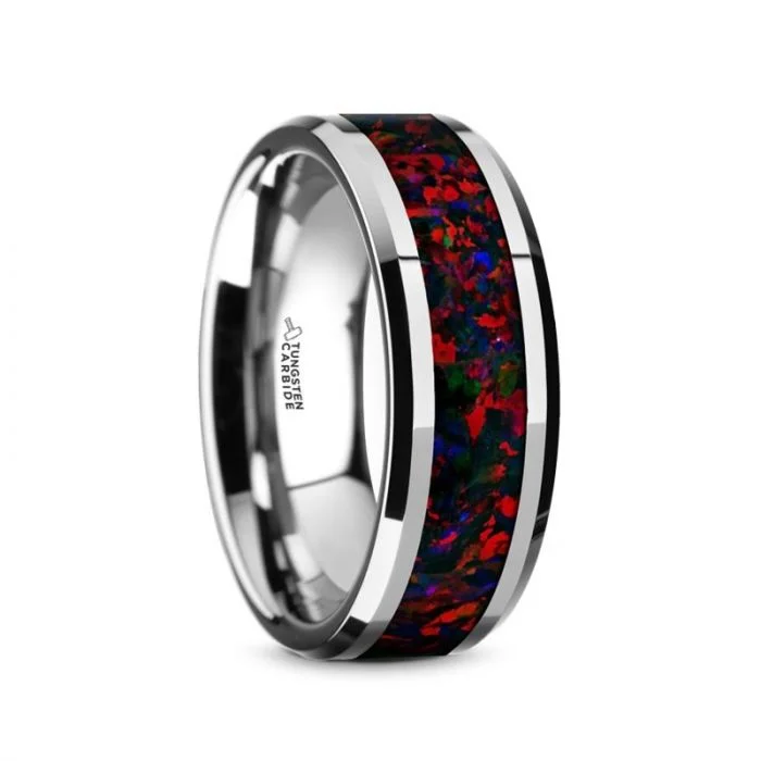 long chain necklaces for women -Thorsten HALLEY Tungsten Carbide Black Opal Inlay Men’s Wedding Band with Beveled Edges - 8mm