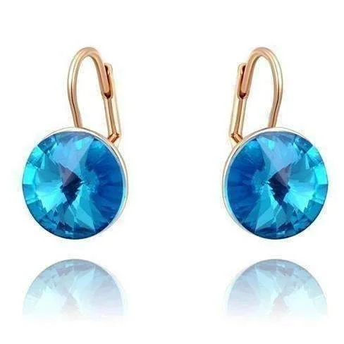 crystal drop earrings for women -14K Rose Gold Oceanic Blue Austrian Crystal Leverback Earrings For Woman