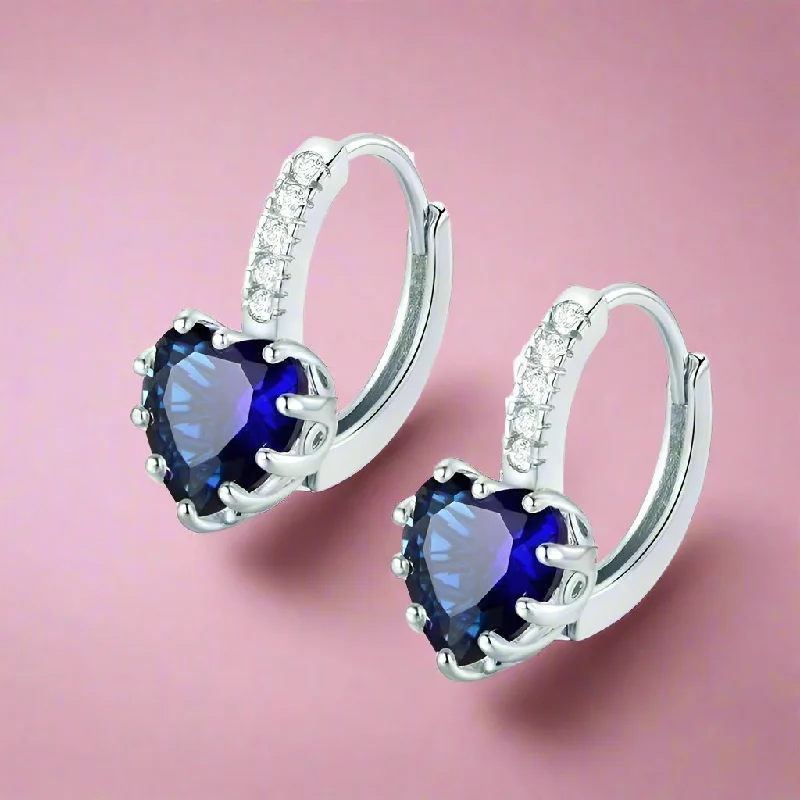 dangling pearl earrings for women -Heart Shaped Midnight Blue Diamond CZ Solitaire Hoop Earrings for Woman