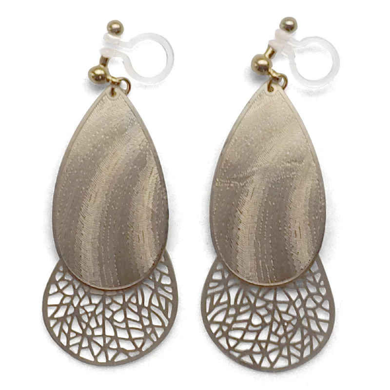 fashion earrings for women -Textured gold metal and teardrop filigree invisible clip on earrings