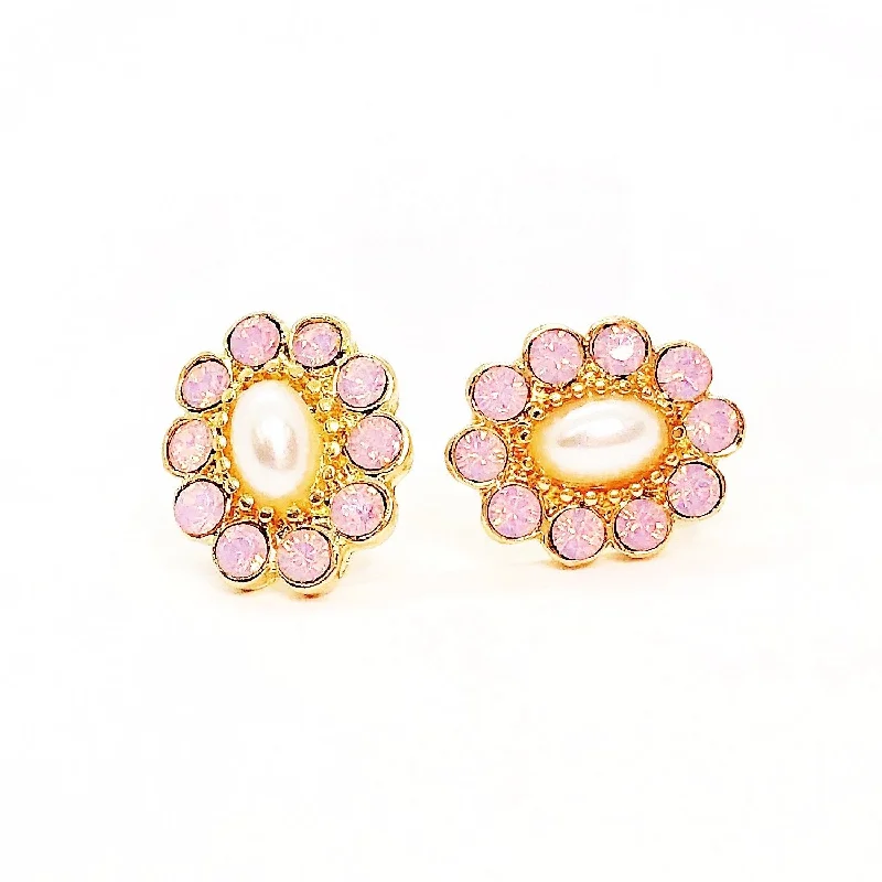 layered drop earrings for women -Pearly Pink Flower Stud Earrings