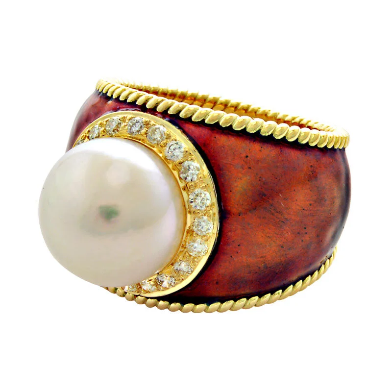 yellow gold rings for women -Ring-Pearl and Diamond (Enamel)