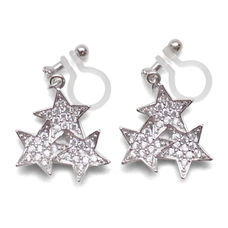 heart-shaped earrings for women -Triple Star micro pave cubic zirconia invisible clip on earrings ( silver tone )