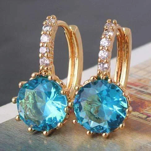 charm earrings for women -18K Yellow Gold Plated Blue Topaz CZ Solitaire Gold Plated Hoops For Woman