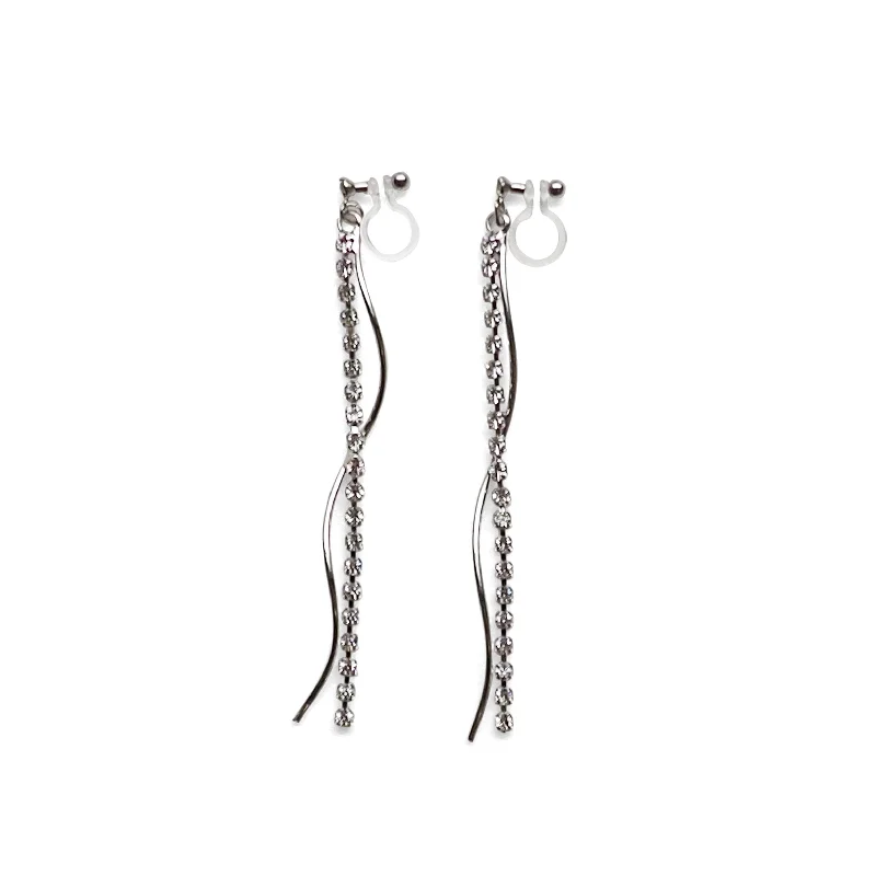 flower earrings for women -Dangle rhinestone chain and wave bar invisible clip on earrings ( Silver tone )