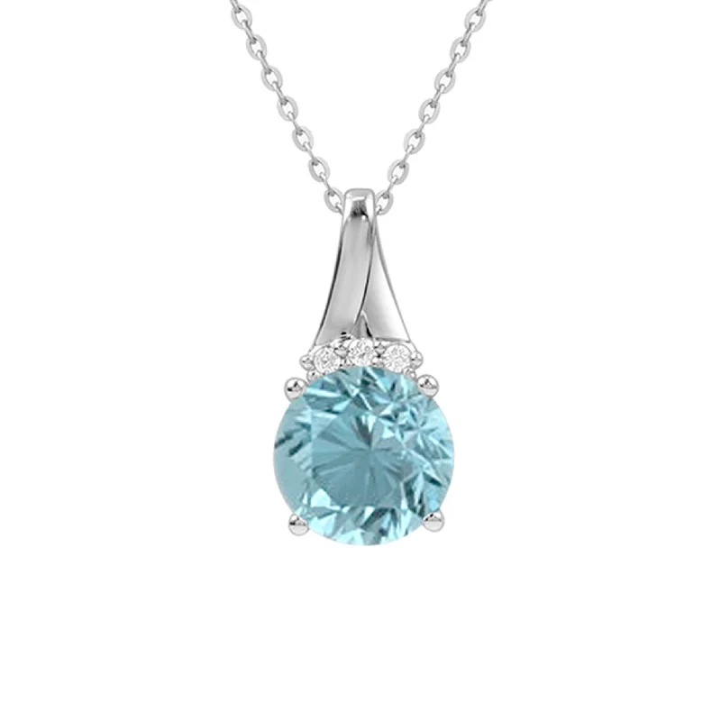 zodiac necklaces for women -Round Blue Topaz Pendant Necklace with Diamonds