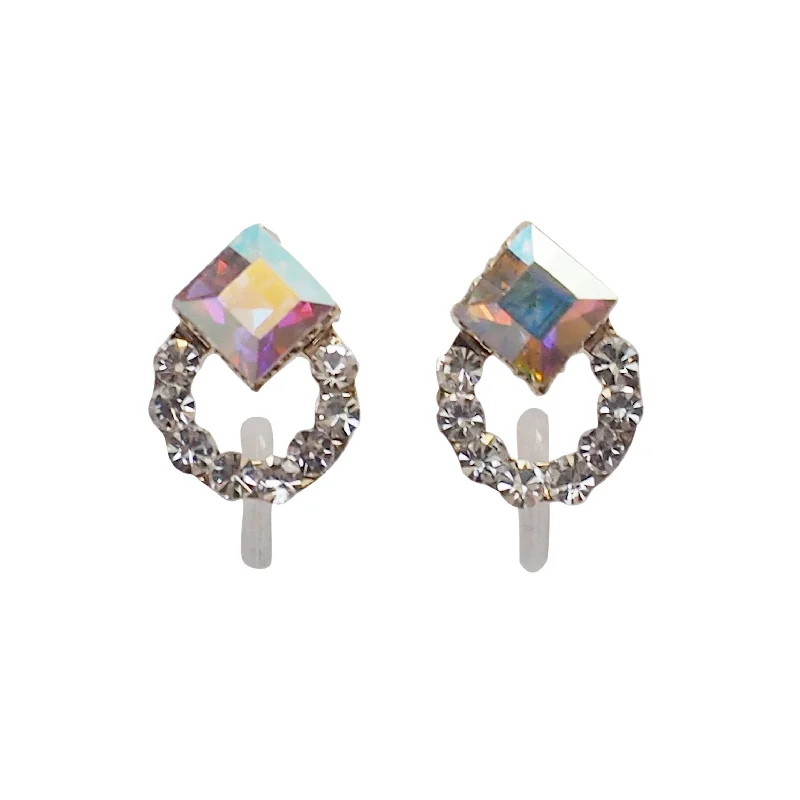 geometric earrings for women -Aurora Borealis Swarovski Hoop Rhinestone Invisible Clip On Stud Earrings