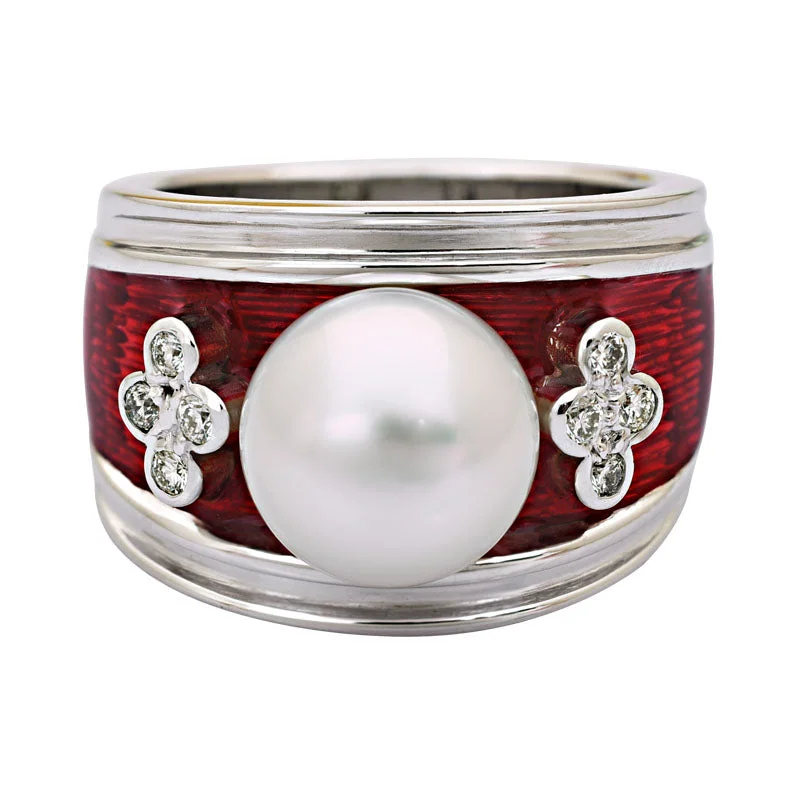 art deco rings for women -Ring-South Sea Pearl and Diamond (Enamel)