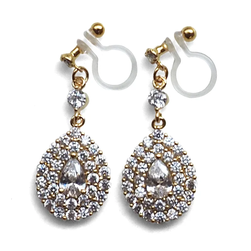 classic pearl earrings for women -Bridal large teardrop cubic zirconia invisible clip on earrings ( gold tone )