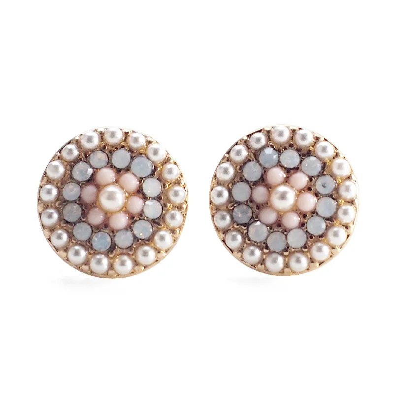 long drop earrings for women -Round Beaded Pearl and Pink Rhinestone Crystal Invisible Clip On Stud Earrings