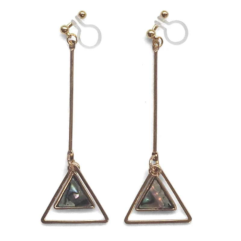 cute dangle earrings for women -Abalone Shell and Dangle Long Triangle Hoop Invisible Clip on Earrings