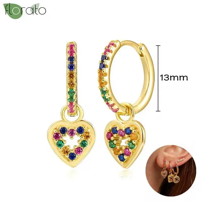 gemstone stud earrings for women -Gold Hoop Earrings with Rainbow Heart Pendant