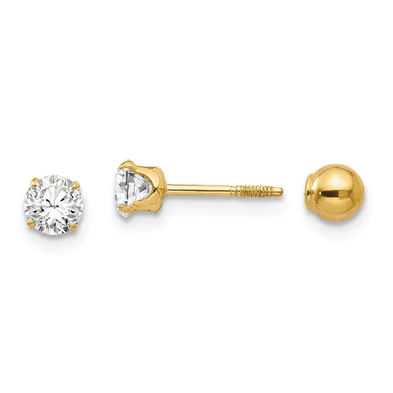 chic earrings for women -Reversible 4mm Crystal and Ball Screw Back Earrings in 14k Yellow Gold