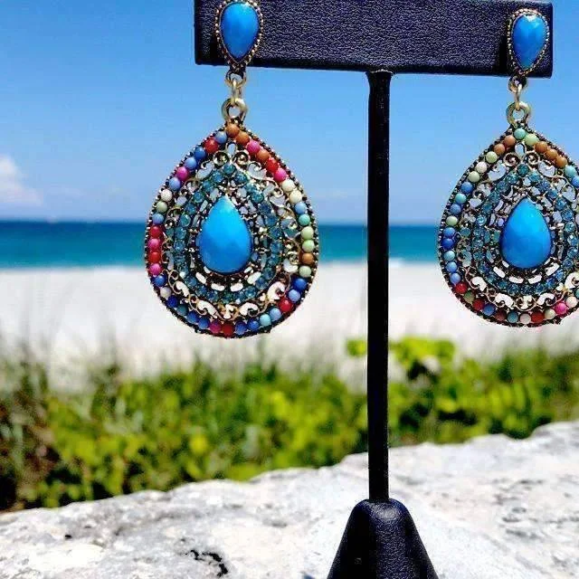 minimal earrings for women -Beaded Filigree Drop Earrings in Aqua