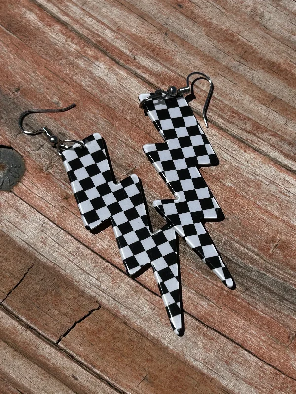 modern earrings for women -Checkered bolt earrings