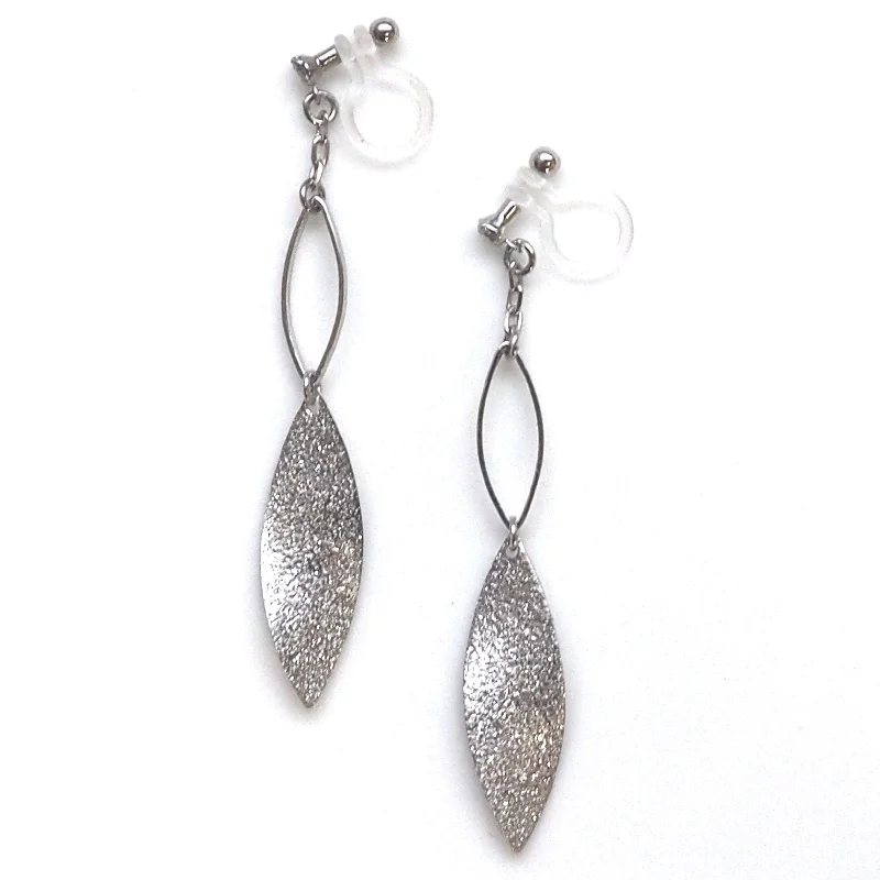 elegant earrings for women -Silver textured metallic leaf invisible clip on earrings