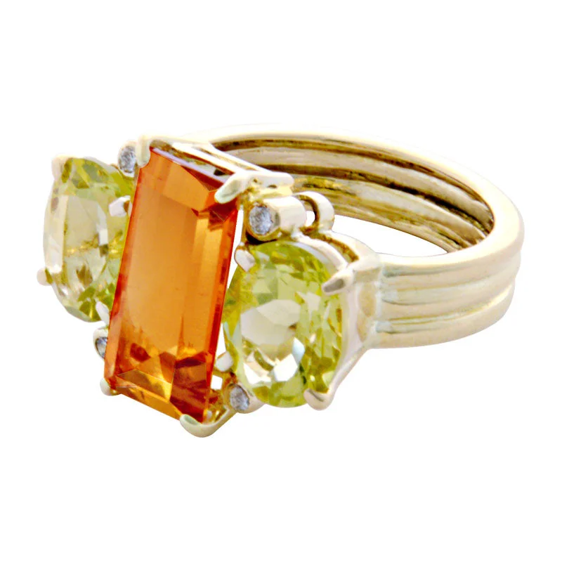 yellow gold rings for women -Ring-Citrine, Lemon Quartz and Diamond