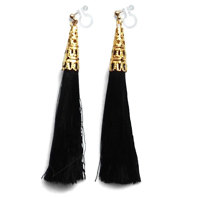 chic earrings for women -Long Black Tassel Invisible Clip On Earrings