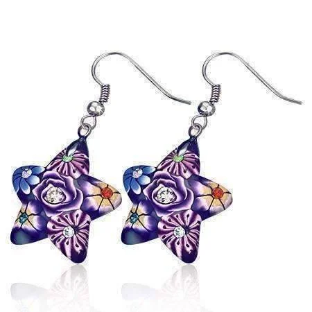 dangle earrings for women -Star Handcrafted Floral Cane Work Clay & CZ Earrings ~ Two Lively Colors to Choose From