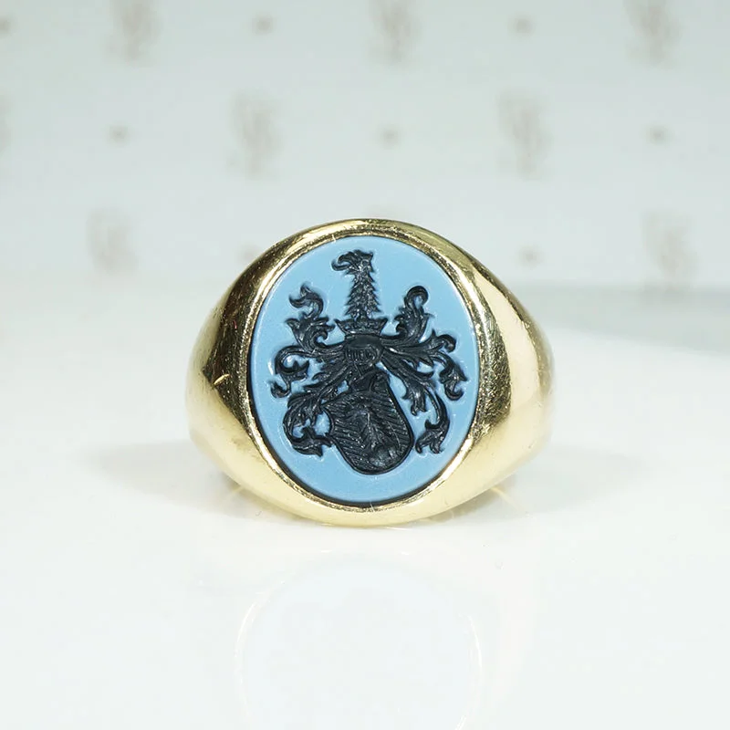 gold rings for women -Heraldic Blazon Agate Intaglio in Gold Signet Ring