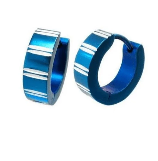 butterfly earrings for women -Diamond Cut Blue Stainless Steel Huggie Hoop Earrings - For Men or Women