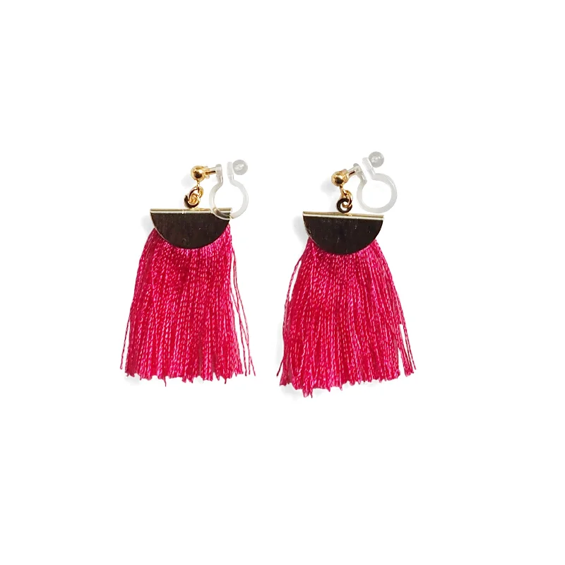 luxury earrings for women -Fuchsia Pink flat tassel invisible clip on earrings