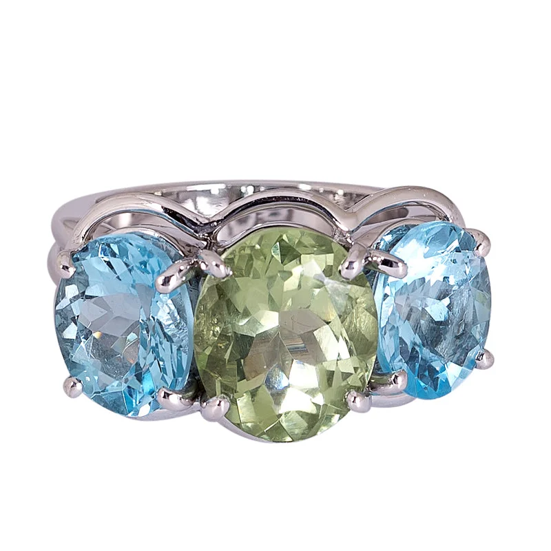 stackable wedding bands for women -Ring- Green Quartz and Blue Topaz