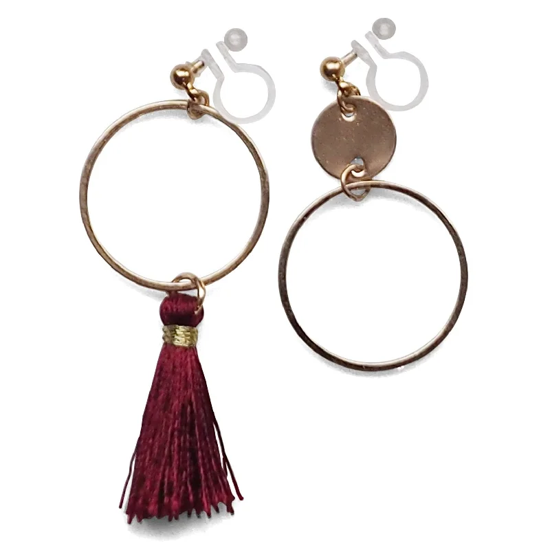 hoop earrings with diamonds -Red tassel and gold hoop invisible clip on earrings