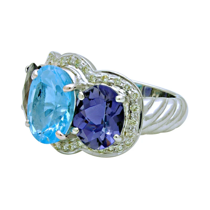 luxury diamond wedding rings -Ring-Blue Topaz, Iolite and Diamond