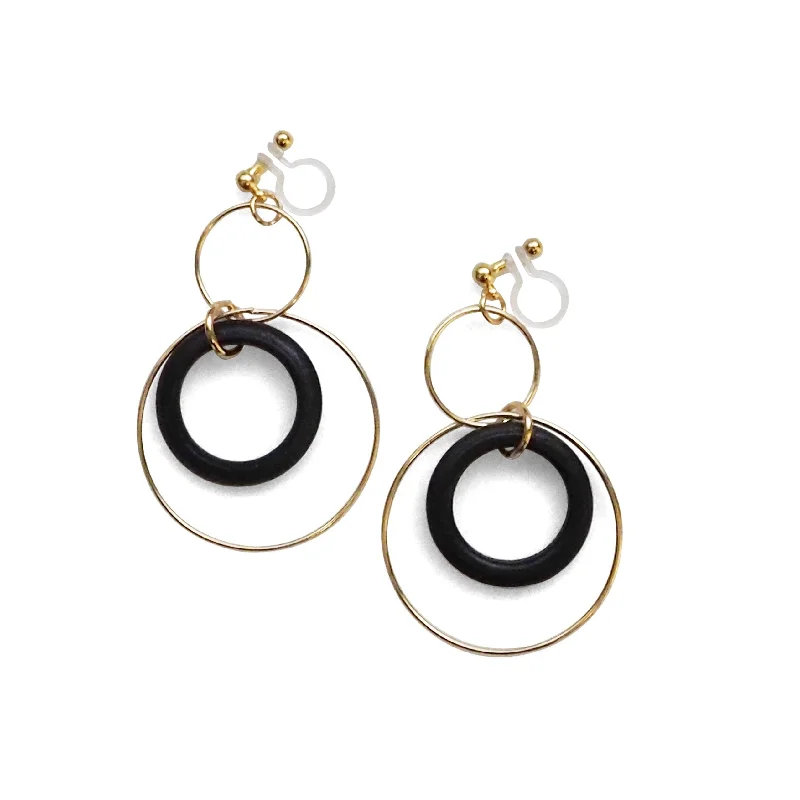 cute stud earrings for women -Black wood hoop invisible clip on earrings