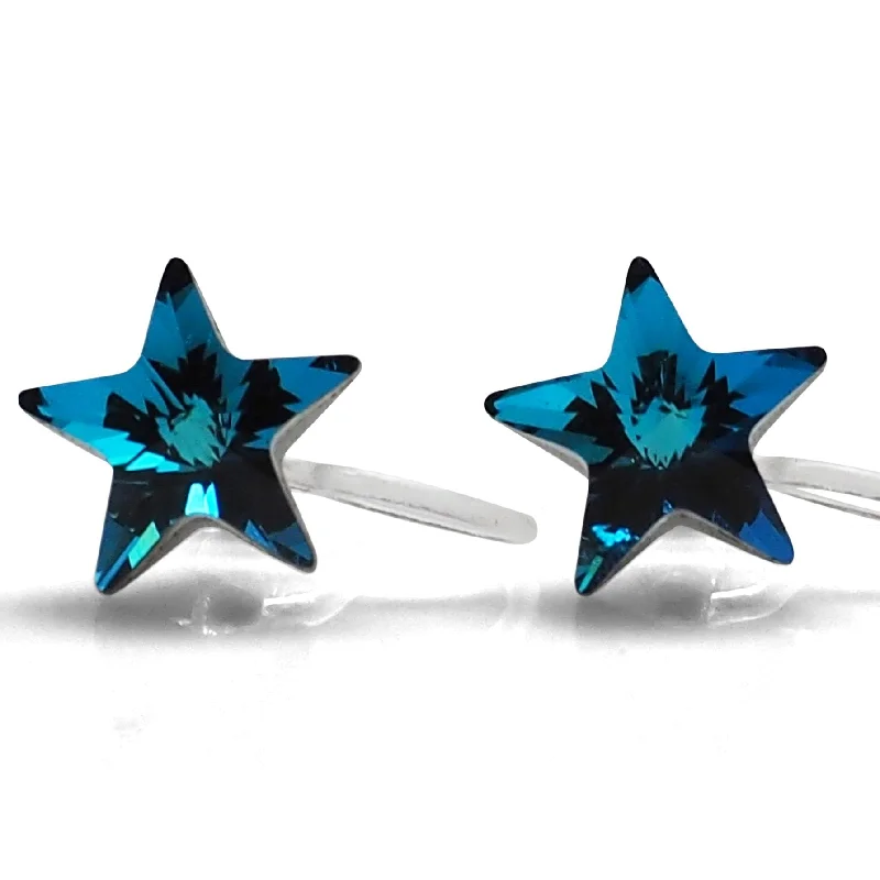 vintage-style earrings for women -Bermuda Blue Star Swarovski crystal invisible clip on stud earrings