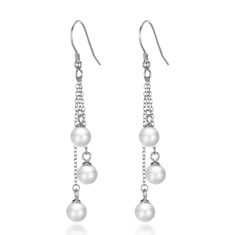 sterling silver earrings for women -Sterling Silver Triple White Pearl Drop Earrings