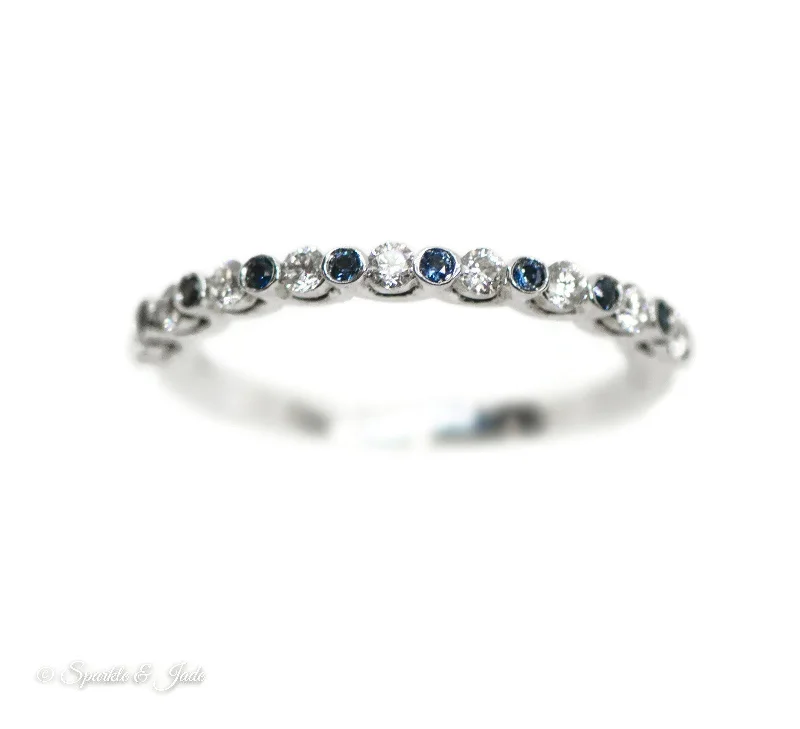 anniversary gift necklaces for women -14k White Gold Bezel Set Blue Sapphire & Diamond Anniversary Band